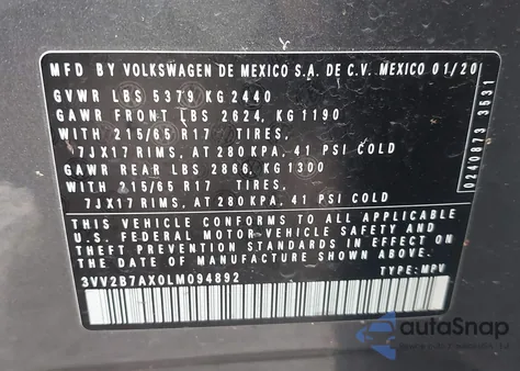 2020 Volkswagen Tiguan 2.0T Se/2.0T Se R-Line Black/2.0T Sel z USA, uszkodzony, nr VIN 3VV2B7AX0LM094892